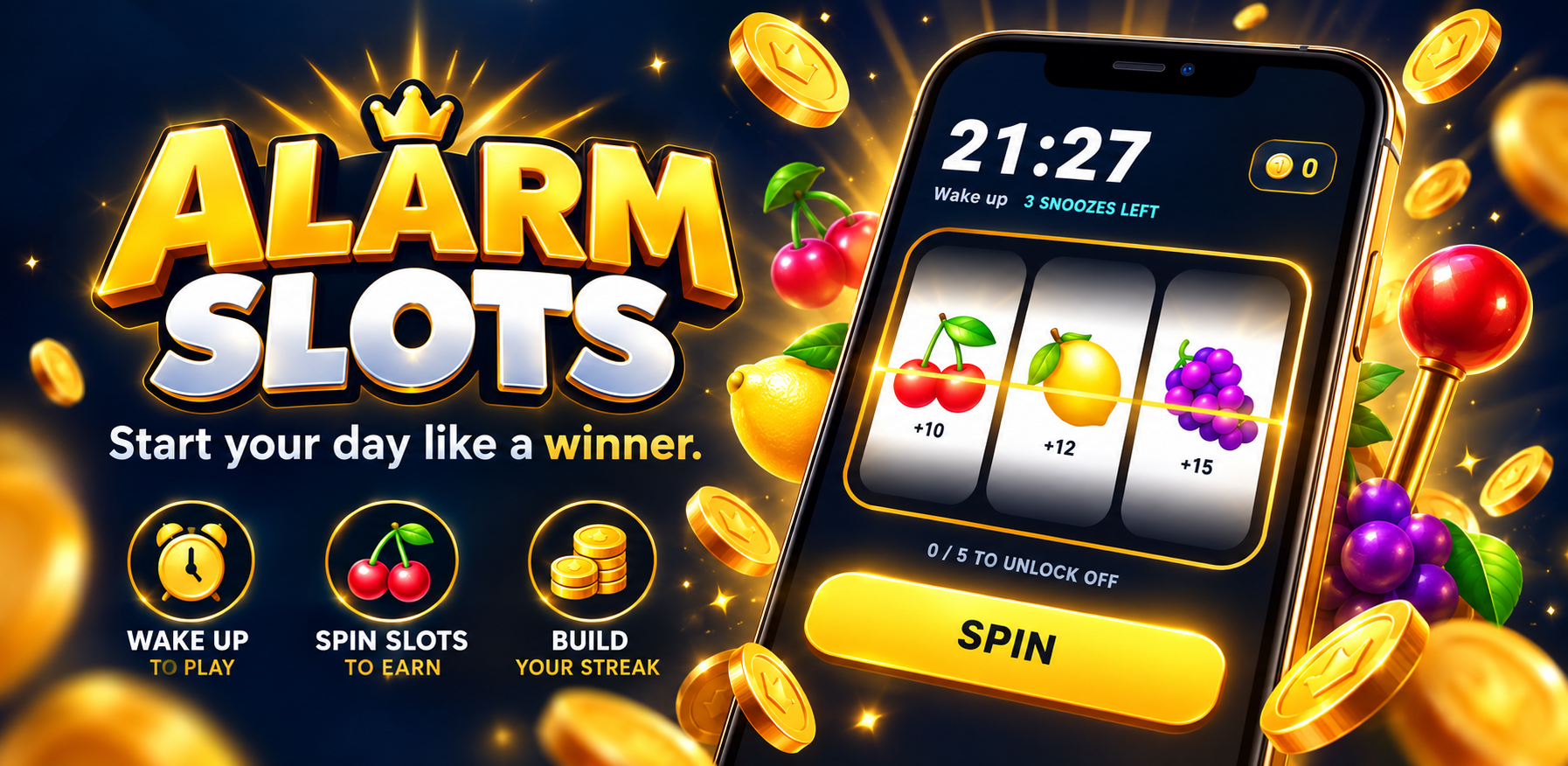 Alarm Slots promotional artwork with fruit reels on a phone and the slogan Start your day like a winner.